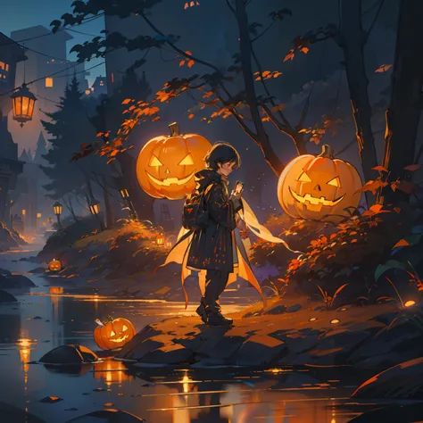 a young boy dressed in a ghost costume holding a cell phone with his left hand and a lighted carved pumpkin with his right, ghost costume, jack-o-lantern, solo, halloween