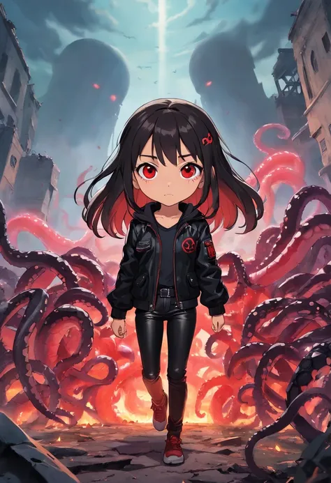 Jenna Ortega with a cute, red eyes, and evil face wearing a black jacket and black leather pants with a evil aura that has black shadow tentacles hehind her, standing in a destroyed battlefield with a nice body