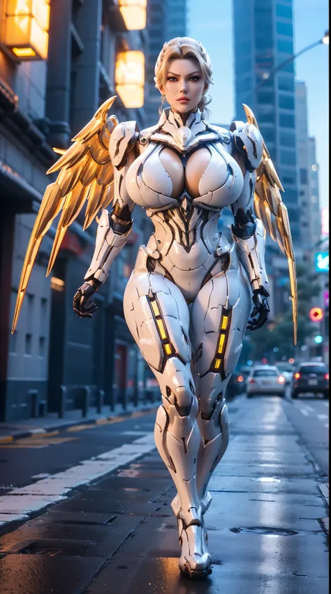 (DRAGON QUEEN), PONYTAIL, (HUGE FAKE BOOBS:1.3), (BEAUTIFUL FACE), (WHITE, GOLD), (CYBERPUNK STREET CITY BACKGROUND),(((A PAIR OF HUGE MECHANICAL WINGS SPREAD OUT))), (FUTURISTIC PHOENIX MECHA BODYSUIT), (CLEAVAGE), (SKINTIGHT YOGA PANTS), (HIGH HEELS), (P...