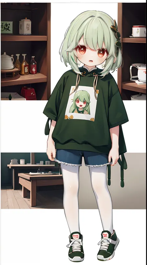 1girll, Solo, Green hair, Red eyes, Short hair, shirt, Open mouth, astonishment，shyexpression，red colour，tee shirt，shirt。Red Chinese knot sweatshirt，Hood,  view the viewer, kazami yuuka,  Open clothes, bangs,denim short，lacepantyhose，athletic sneakers，Full...