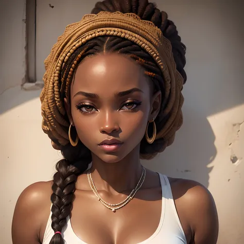 Femme nigeriane,  peau noir , face detailed , yeux marron , cheveux bruns avec tresse africaine , white tank top , jean , Byoncé , Angelina joli