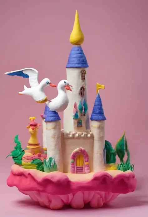 A girl rides on the back of a white goose and flies over the castle