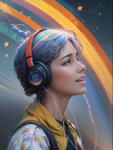 ((best quality)) , ((masterpiece)) , (detailed) , portrait, behance,close up of a slender (rainbow:1.3) of Happiness with Supernova skin, French crop hair, Headphones, European mountains, Stars in the sky, horizon-centered, Screen print, Flustered, Suprema...