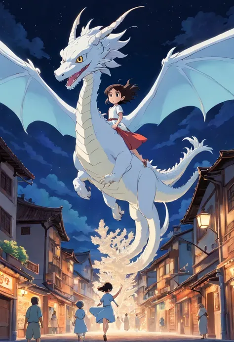 At night a girl flies on a white dragon