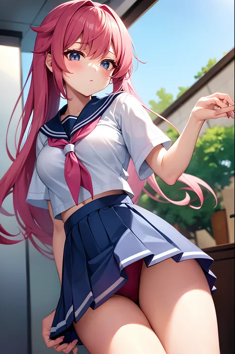 High school girl in a sailor suit with pink hair and a thick miniskirt in the infirmary