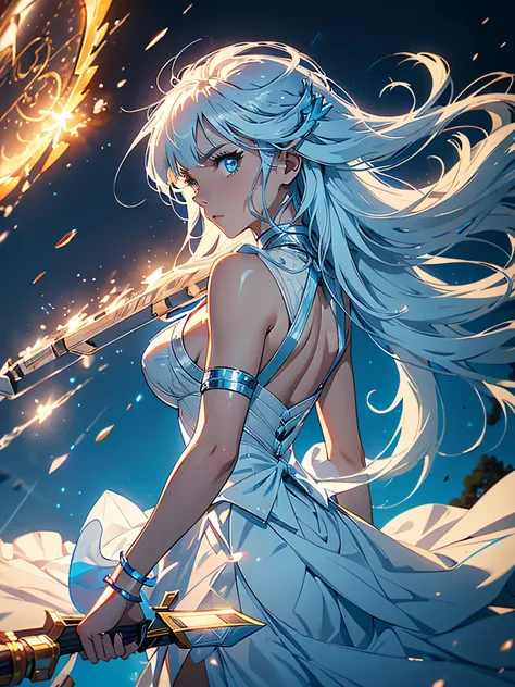 Ice archer girl, holding an ice bow and arrow, white dress with giant moving bands, long white hair, reflective light blue eyes, delicate face, full body, medium breasts, big ass, blue markings on her face, blue sky with sunset lights, (ultra-realistic), {...