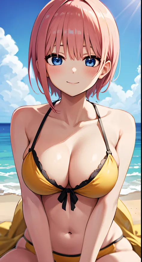 Nakano ichika, 1girl in,, Pink hair,, Short hair, Solo, Large breasts,  , Bangs,, Smile, Blue eyes, , Looking at Viewer,  Blue sky, hair between eye, blush, Yellow Bikini、the beach、mare