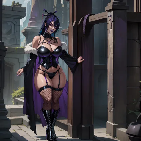 thicc Gothic female wearing sexy fur lined robe with sexy purple dress under it, has blue hair, thicc, wearing fishnets, nsfw, lewd, black lipstick, dominatrix aesthetic, BDSM gear, dominant, evil, sensual grin, wearing corset with bustier, rivets, wearing...