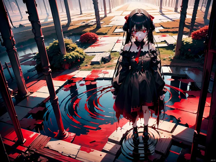 1 loli girl ,standing in blood sea, bloody body, character focus, ((rape eyes)) ,black hair, long hair, ribbon , black dress, red eyes, glowing eyes ,high resolution,(incredibly absurdres), (hires.fix:1.3),anime visual,extremely detailed CG unity 8k wallpa...