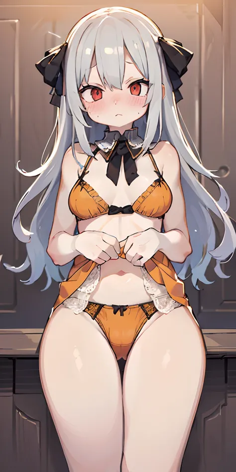 ((masutepiece)), ((best quality)), 8k, Details, ultra-detailed, Detailed and intricate, 1girl in, Silver hair, Long, just in underwear, Orange Lingerie, Staring at me embarrassed,