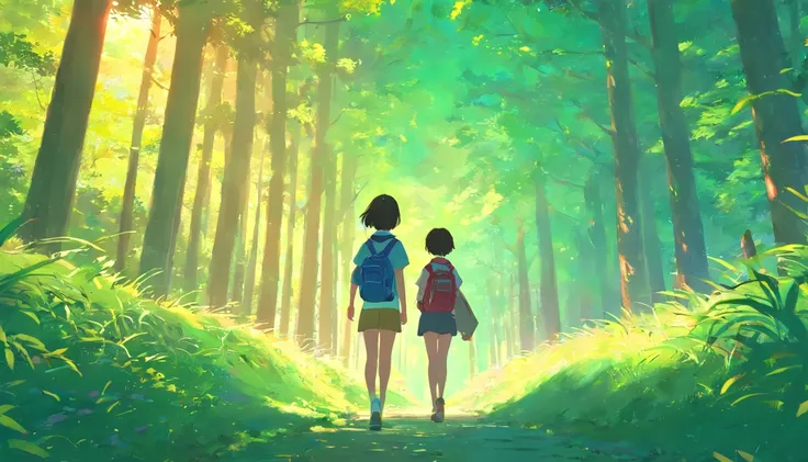 Generate a masterpiece, anime, viewed from front upcloser look, melancholy of five or more childrens enjoying themselves while roaming, forest, backpack, trees, sun, sunlight, hd wallpaper, ( ( makoto shinkai ) ), official art, guweiz and makoto shinkai, a...