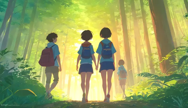 Generate a masterpiece, anime, viewed from front upcloser look, melancholy of five or more childrens enjoying themselves while roaming, forest, backpack, trees, sun, sunlight, hd wallpaper, ( ( makoto shinkai ) ), official art, guweiz and makoto shinkai, a...