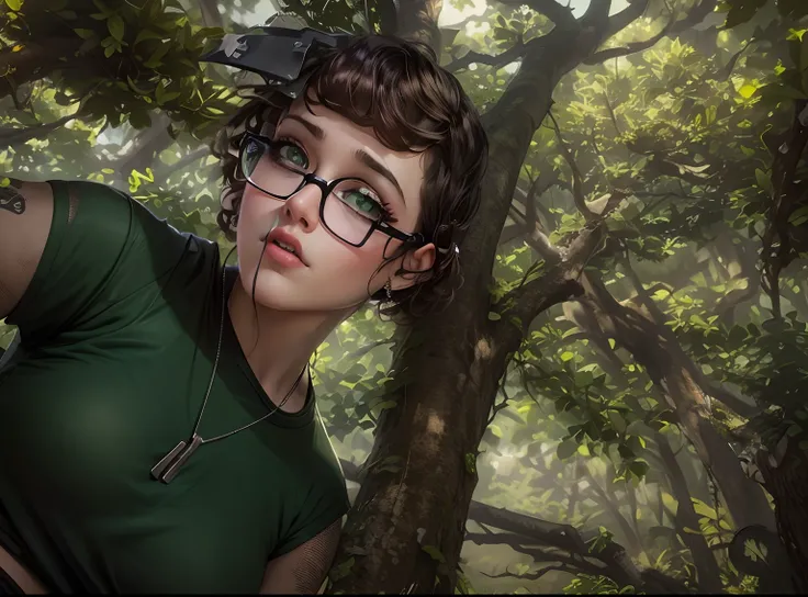 punk girl wearing glasses and a dark shirt, blurred green grass and trees in the background, short brown hair, detailed face, high quality, high resolution