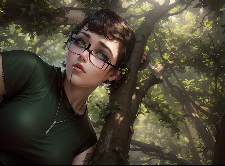 punk girl wearing glasses and a dark shirt, blurred green grass and trees in the background, short brown hair, detailed face, high quality, high resolution