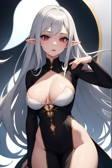 1girl, anime, cute girl, elf, blank background, white background, fantasy, detailed dark fantasy dress with highlights, beautiful face, beautiful eyes, dark colors, medium breasts, slight cleavage, beautiful skin, cute, silver hair, red eyes, breast curtai...