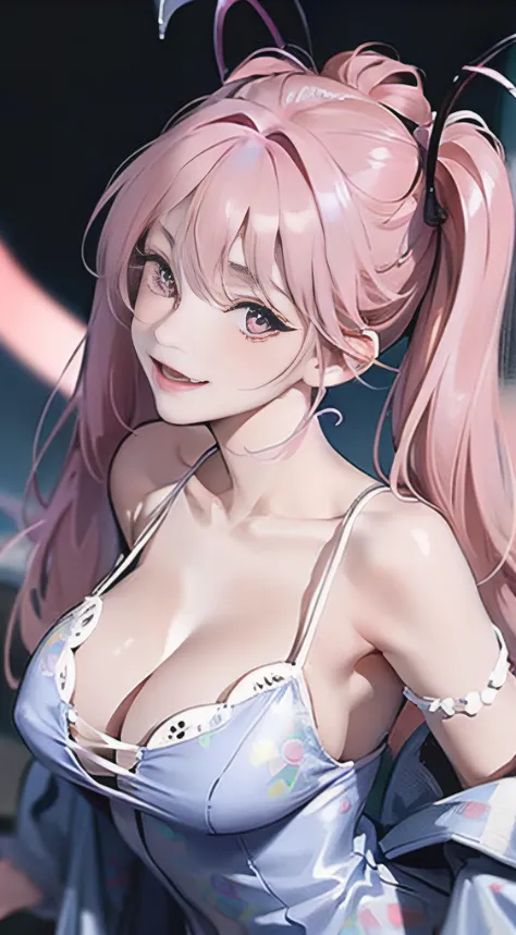 Sweet smile,4K, rainbow colour hair, double tails ,Lens flare, pink hair highlights,mascara, eyes liner, god light, 4K, 8K, Best quality, Masterpiece, ultra - detailed, intricately details, 1girll, Solo, Detailed, Detailed fuschia hair ++, Detailed pink ey...
