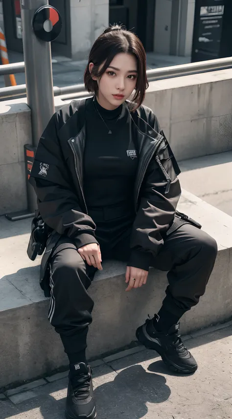 8K, RAW photos, Best quality, Masterpiece: 1.2),(best qualtiy，8K, Yes，32K，masterpiece，hyper HD：1.2) , 20 years old, arafed girl sitting on a ledge with his feet up, 2 techwear women, wearing japanese techwear, photograph of a techwear woman, wearing urban ...