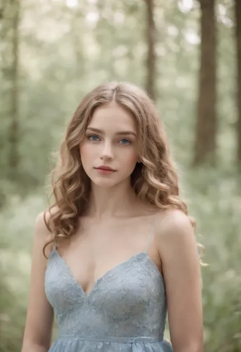 "Full body portrait of a charming 18 year old women with curly light hair, petite figure, beautiful face, captivating blue eyes, and modest bust size, showcasing her natural beauty."