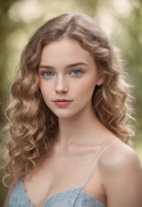 "Full body portrait of a charming 18 year old women with curly light hair, petite figure, beautiful face, captivating blue eyes, and modest bust size, showcasing her natural beauty."