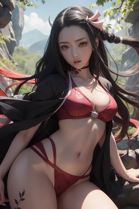 foto ultra realista de Nezuko kamado deusa da beleza, 8k, UHD, hottie com seios ultra gigantes, enormes seios longos saindo de seu quimono, with long hair and a sexy pink Japanese kimono, She doesnt wear panties showing , pelos ossos pubianos mostrando, Ne...