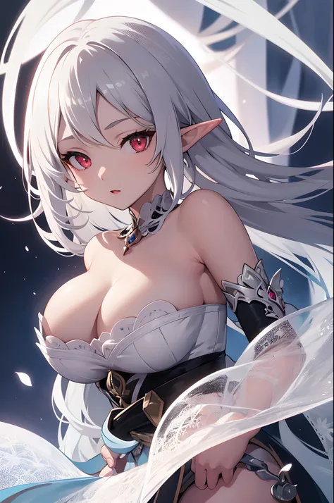 1girl, anime, cute girl, elf, blank background, white background, fantasy, detailed dark fantasy dress with highlights, beautiful face, beautiful eyes, dark colors, medium breasts, slight cleavage, beautiful skin, cute, silver hair, red eyes, breast curtai...