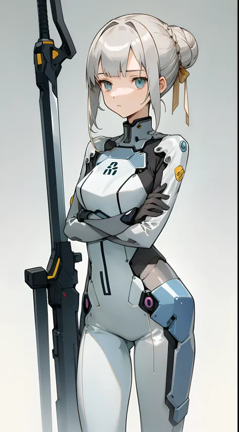 (masterpiece, best quality) detailed, 1Character , blue archive art style ,  pastel washed out colors , cell shade , soft, muted shades ,gentle colors ,

Wearing a mix of futuristic body suit and sword art online outfit. 

Beautiful woman , hair in a bun ,...