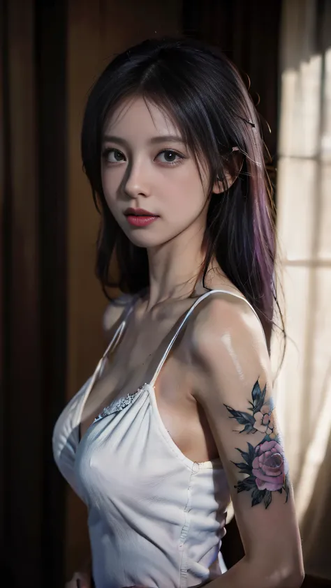 (very detailed background:1.0), (highly detailed background:1.0), (Masterpiece), High Quality, 1girl, woman, tattoo, irezumi, depth of field, dynamic lighting, high quality shadows, feminine, plunging neckline, breast curtains, Revealing clothes, , white d...