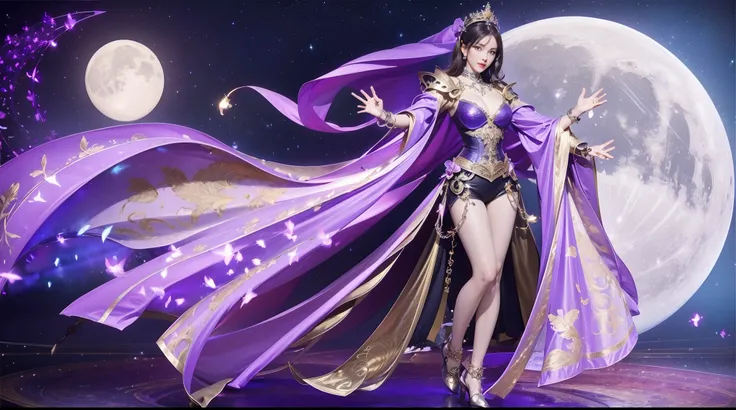 Tall and mature beauty，（Purple mech：2.1），opulent（（chest：1.5），（butterflys，Moon pattern）decor）） ，（A silver chain was tied around his arm：1.85） Full body photo，（Undressing）Huge moon background（Fly in mid-air）Grand background，Highest image quality，Enrich the p...