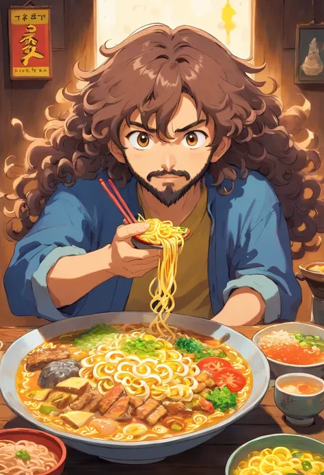 Curly long hair, brown man, beard, yellow, eating ramen