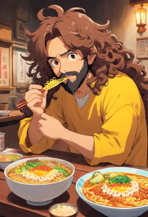 Curly long hair, brown man, beard, yellow, eating ramen