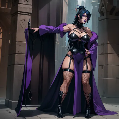 muscular gothic female wearing sexy fur lined robe with sexy purple dress under it, has blue hair, thicc, wearing fishnets, nsfw...