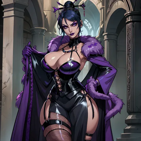 muscular Gothic female wearing sexy fur lined robe with sexy purple dress under it, has blue hair, thicc, wearing fishnets, nsfw, lewd, black lipstick, dominatrix aesthetic, BDSM gear, dominant, evil, sensual grin, wearing corset with bustier, rivets, wear...