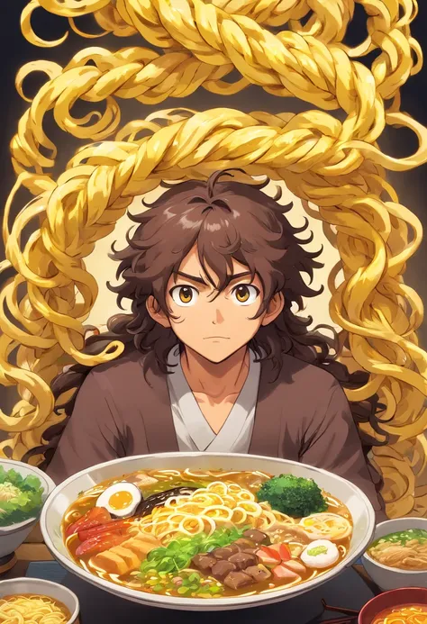 Curly long hair, tied up hair, dark brown man, beard, ramen, yellow