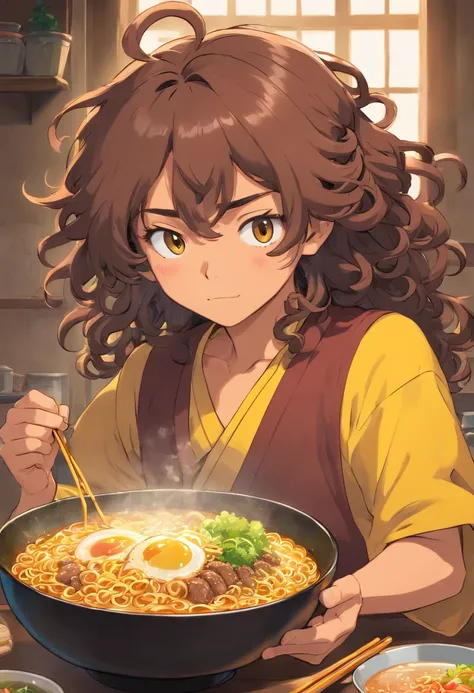 Curly long hair, tied up hair, dark brown man, beard, ramen, yellow