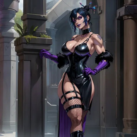 muscular, athletic gothic female wearing sexy fur lined robe with sexy purple dress under it, has blue hair, thicc, wearing fish...