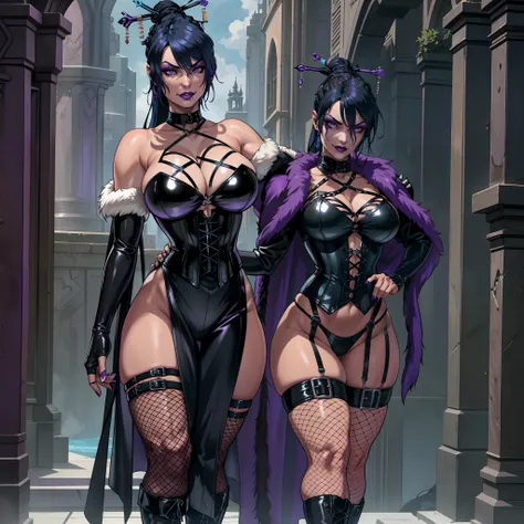 muscular, athletic gothic female wearing sexy fur lined robe with sexy purple dress under it, has blue hair, thicc, wearing fish...