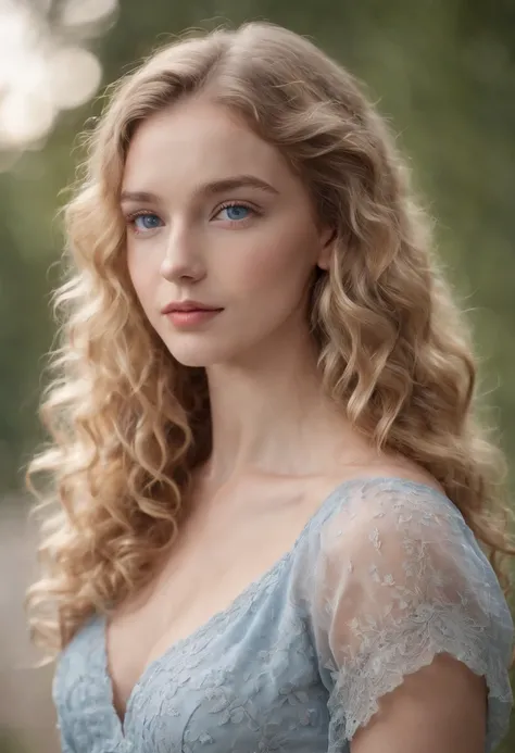 "Full body portrait of a charming 18 year old women with curly light hair, petite figure, beautiful face, captivating blue eyes, and modest bust size, showcasing her natural beauty."