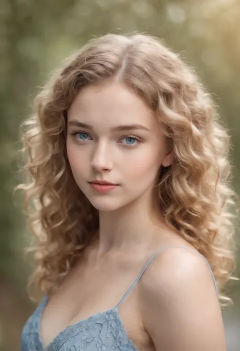 "Full body portrait of a charming 18 year old women with curly light hair, petite figure, beautiful face, captivating blue eyes, and modest bust size, showcasing her natural beauty."