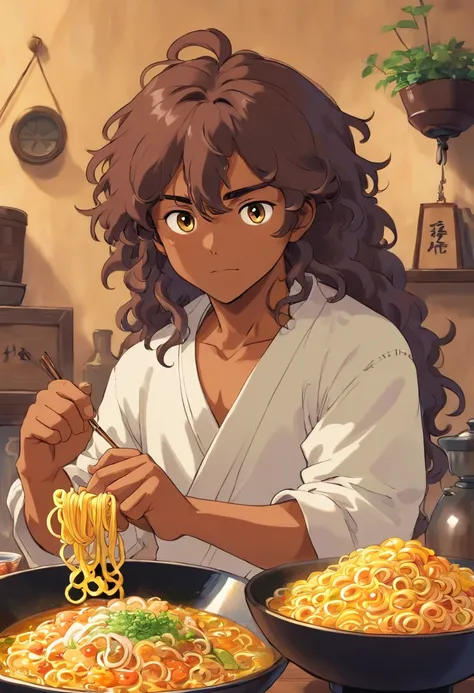 Curly long hair, tied up hair, dark skin, brown man, beard, ramen, yellow