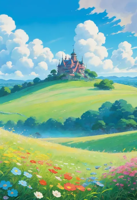 Realistic, authentic, beautiful and amazing landscape oil painting Studio Ghibli Hayao Miyazaki&#39;s petal grassland with blue sky and white clouds