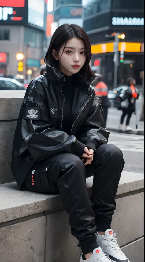 8K, RAW photos, Best quality, Masterpiece: 1.2),(best qualtiy，8K, Yes，32K，masterpiece，hyper HD：1.2) , 20 years old, arafed girl sitting on a ledge with his feet up, 2 techwear women, wearing japanese techwear, photograph of a techwear woman, wearing urban ...