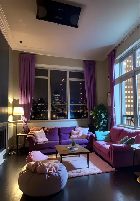 Digital illustration of a cozy living room with a large window facing a city skyline at night.  The room is filled with various plants, books and objects on shelves and tables.  There is a purple couch with a pink blanket and a blue armchair in the living ...