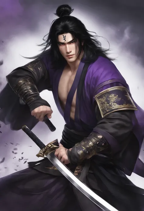 Teen guy, black hair, ripped, big shoulders, medium chest, slim waist, long hair, black and purple katana, purple and white samurai clothes, handsome face, white eyes, yellow pupil, ripped forearms