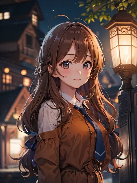 Cute girl with long hair of bright chestnut color tied、look up to、hightquality、Blouse、Alone、up of face、A slight smil、Being outside at night