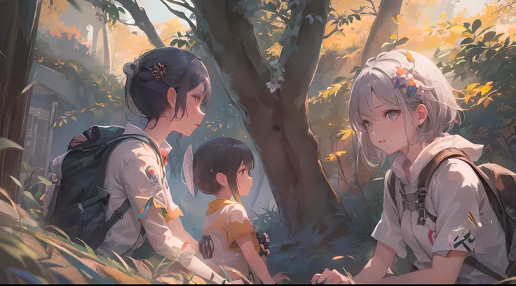 Generate a masterpiece, anime, viewed from front upcloser look, melancholy of five or more childrens enjoying themselves while roaming, forest, backpack, trees, sun, sunlight, hd wallpaper, ( ( makoto shinkai ) ), official art, guweiz and makoto shinkai, a...