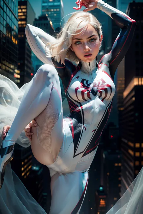 female spider-man gwen，white suit，black spider symbol，ballet shoes，golden ratio body, flexible body，calm expression，new york cit...