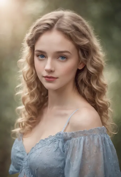 "Full body portrait of a charming 18 year old women with curly light hair, petite figure, beautiful face, captivating blue eyes, and modest bust size, showcasing her natural beauty."