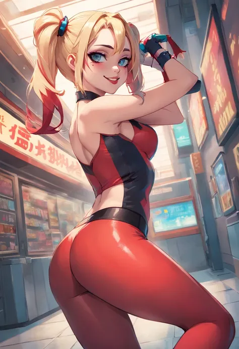 Harley Quinn、Full view of buttocks、Huge beautiful legs、Colossal tits,Opening legs、pubick hair、Underhair、hair、droolng、squeezing breasts