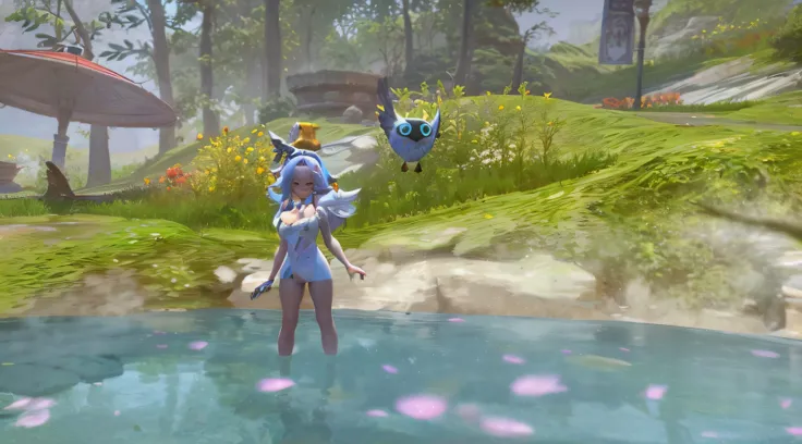 there is a woman standing in a pond with a bird on her shoulder, <mmorpgs scene, mmorpg, mmorpg gameplay, standing in a pond, a friendly wisp, mmorpg fantasy, mmo, exotic fey features, fantasy mmo, nymph in the water, ingame image, blade and soul, water fa...