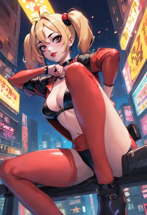 Harley Quinn、Full bofy, back view、Huge beautiful legs、Colossal tits,Opening legs、pubick hair、Underhair、hair、droolng、squeezing breasts, black latex pants